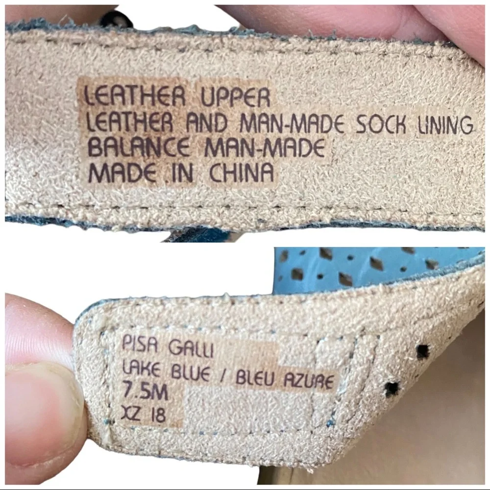 Earth Pisa Galli Dusty Lake Blue Leather Wedge Sandals - Size 7.5